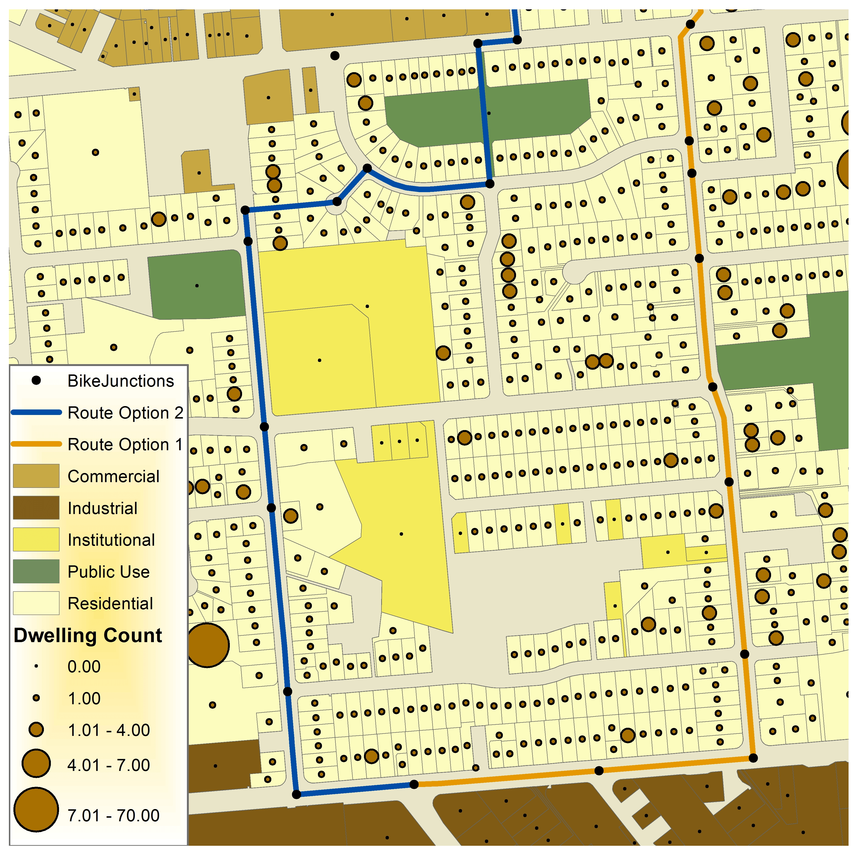 Map of Two Route Options Going Through Differently Populated Residential Streets