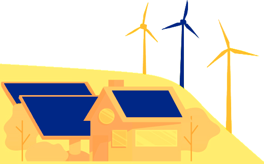 Graphic of a Countryside Solar Panel House and Wind Turbines Over the Hill