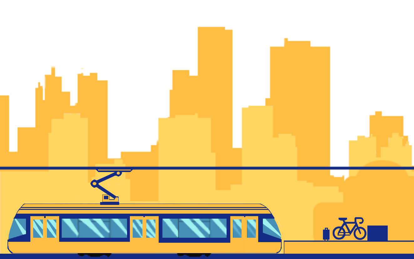 Graphic of a Train Stopping Between High Rise Buildings with a Bike and Suitcase on the Train Platform