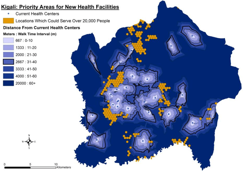 Map of Kigali Rwanda of Priority Areas for New Health Facilities and Marking Locations Which Could Serve Over 20,000 People