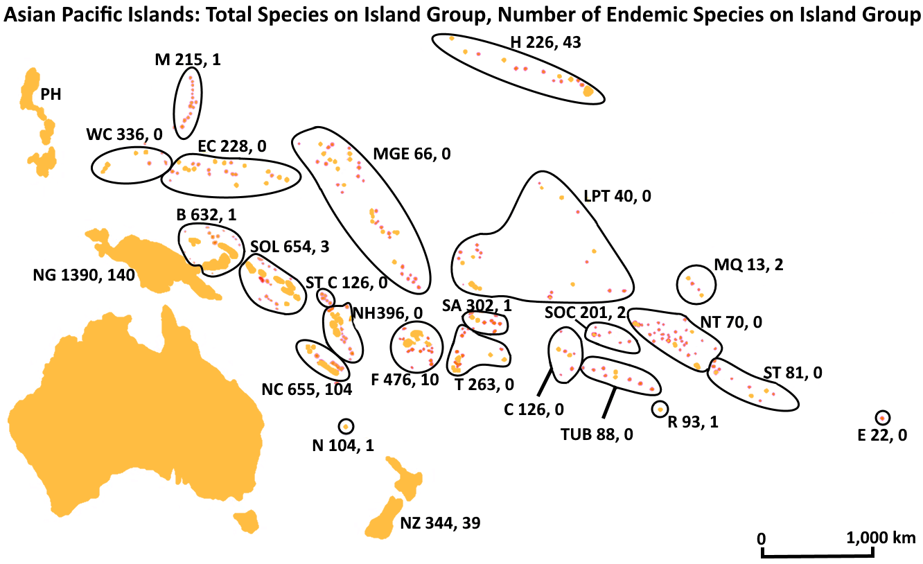 Map of Asian Pacific Islands with Total Number of Endemic Species Per Island Group