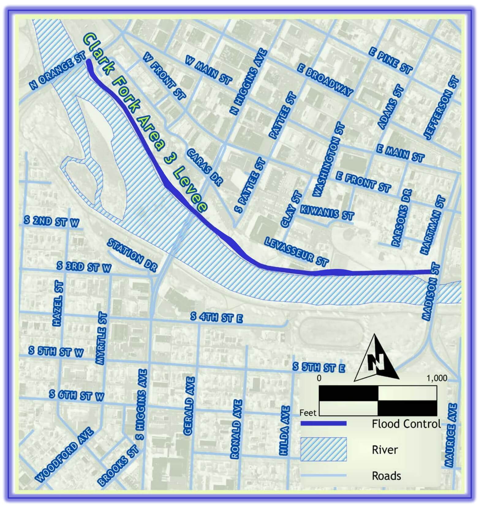 Map of Clark Fork River Area 3 Levee and Nearby Street Names