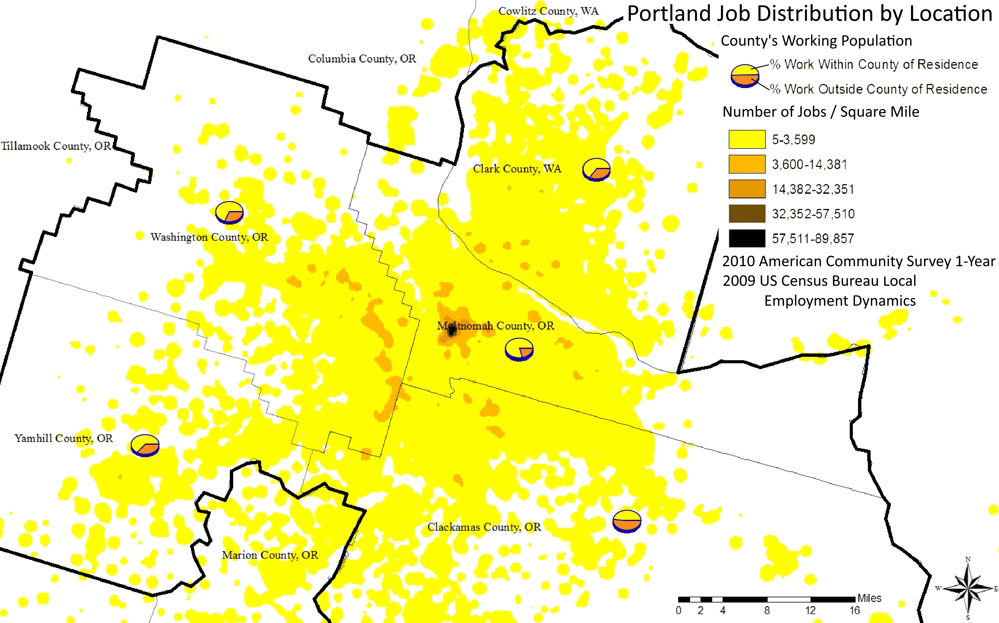 Map of Portland Oregon's Job Distribution by Location, Number of Jobs Per Square Mile, and What Percentage of County Residents Work Inside Their County of Residence