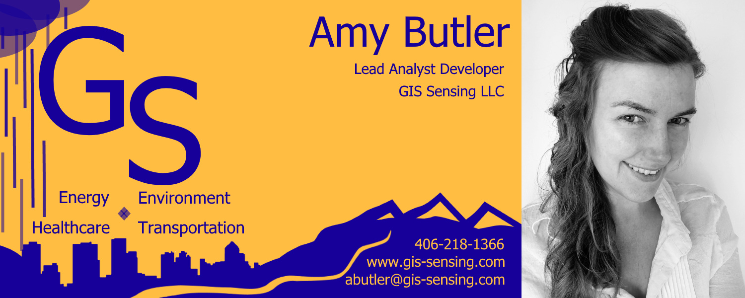 Picture of Business Card for Amy Butler, Lead Analyst Developer, GIS Sensing, with Accompanying Company Portrait